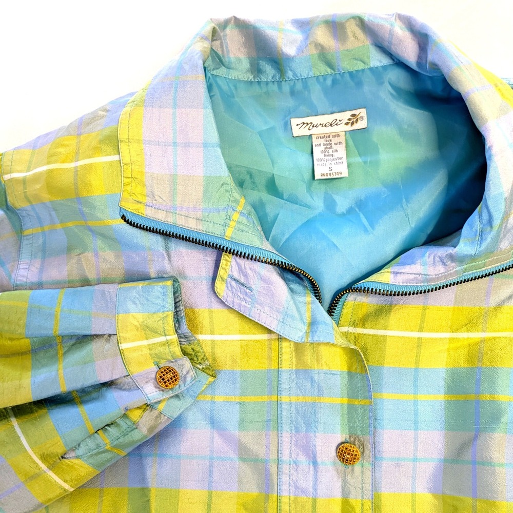 Mureli Silk Plaid Bomber Jacket Blue Green Yellow Full Zip Windbreaker Small